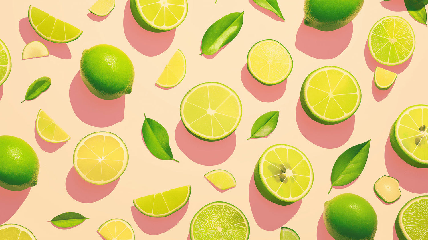 Fresh lime pattern wallpaper design file showing detailed citrus fruits with pink shadows on beige background