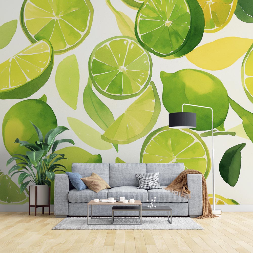 Fresh Citrus Fruit Wallpaper brightening a modern white kitchen with natural light streaming through windows