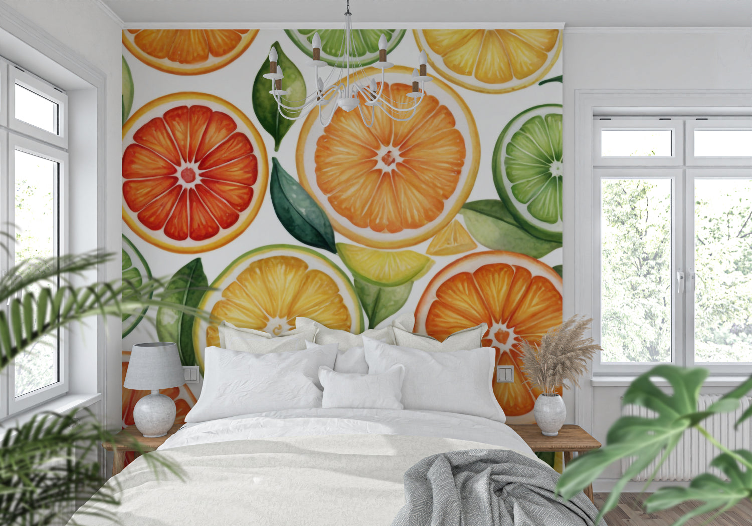 Orange and lime wallpaper creating a vibrant atmosphere in a dining room setting