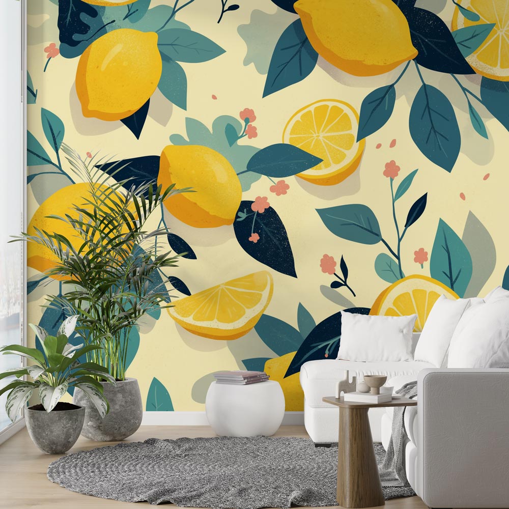 Mediterranean lemon wallpaper creating a sunny atmosphere in a modern white kitchen with marble countertops