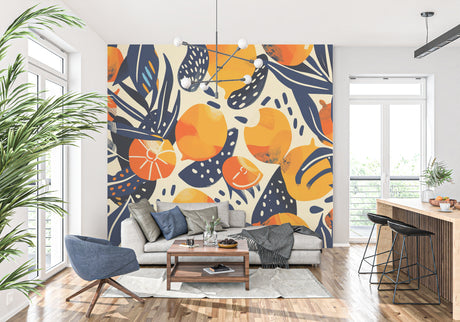 Modern citrus fruit wallpaper bringing fresh energy to a bright kitchen with white cabinets