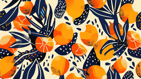 Design file showing detailed orange fruit pattern with navy botanical elements on cream background