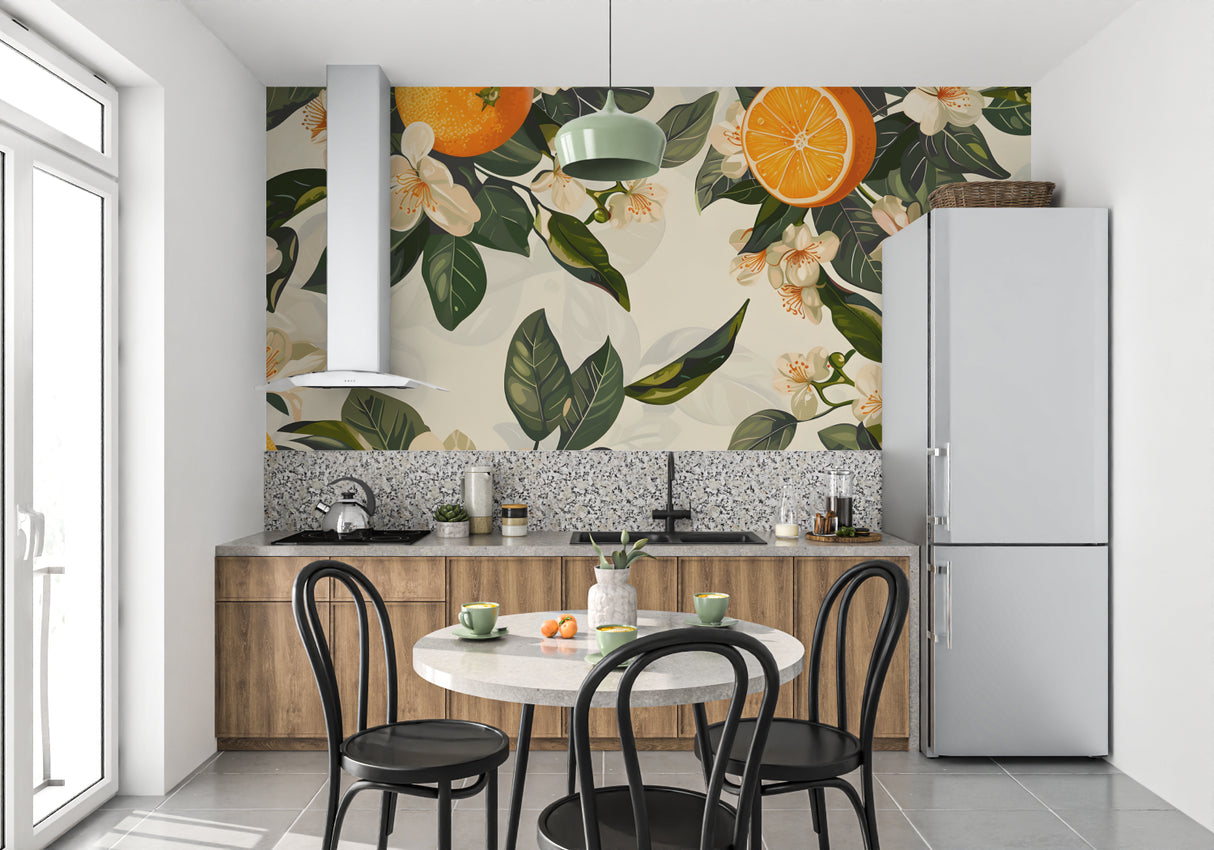 Citrus orange blossom wallpaper brightening a modern kitchen with natural light