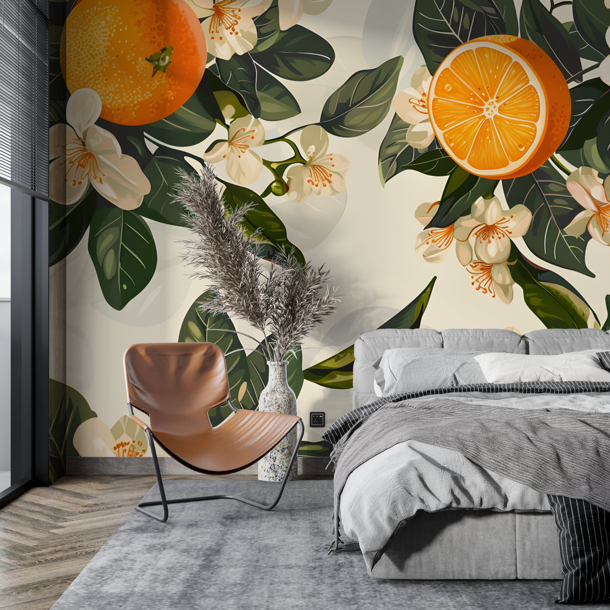 Orange blossom wall mural creating a fresh dining room atmosphere