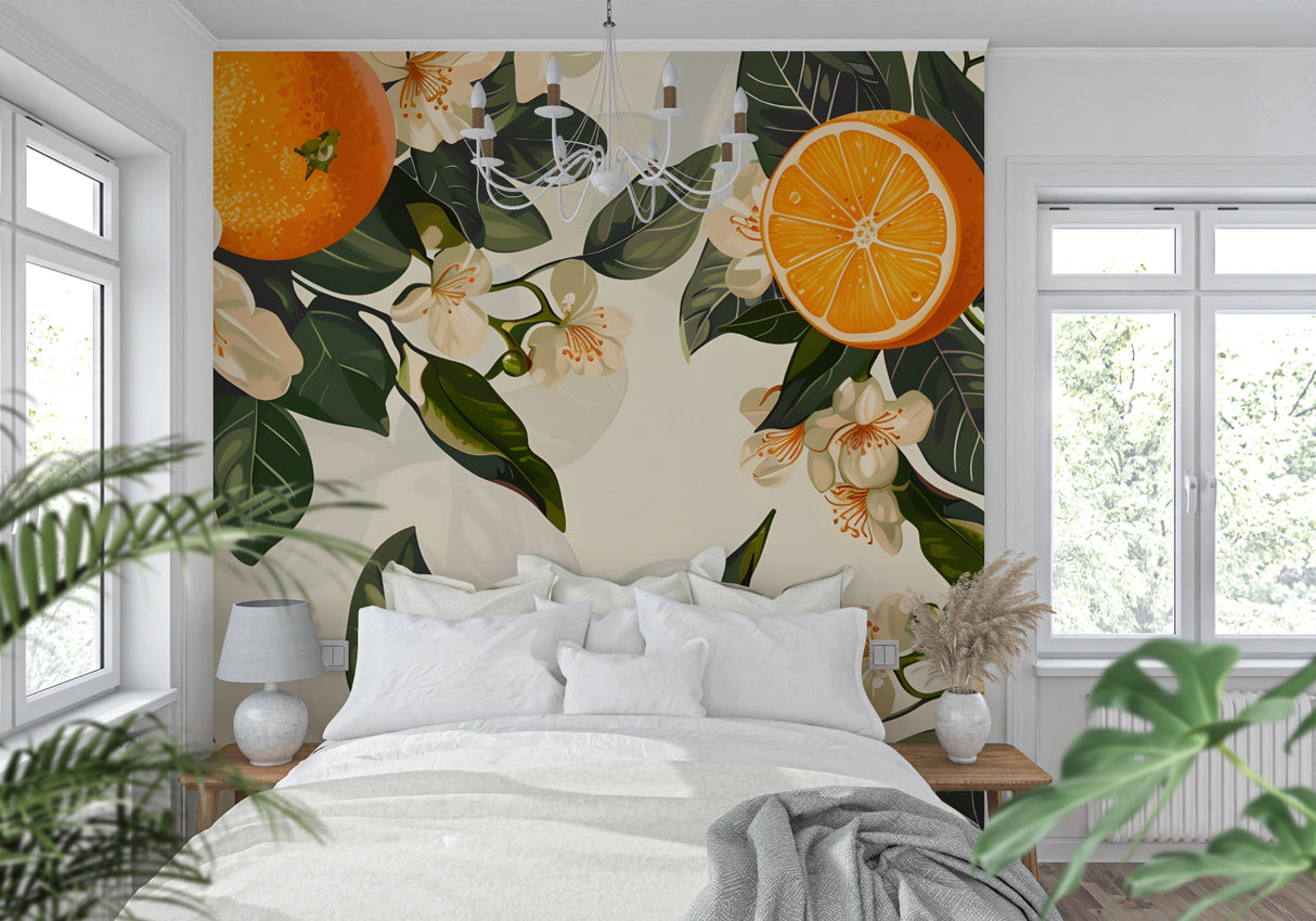 Botanical citrus wallpaper making a bright home office pop