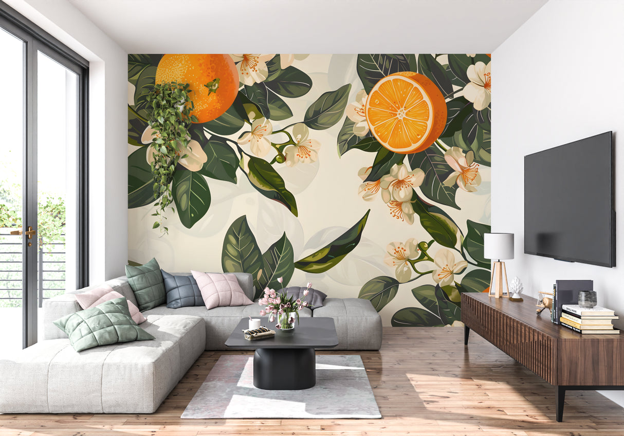 Fresh citrus mural wallpaper in a sun-filled breakfast nook