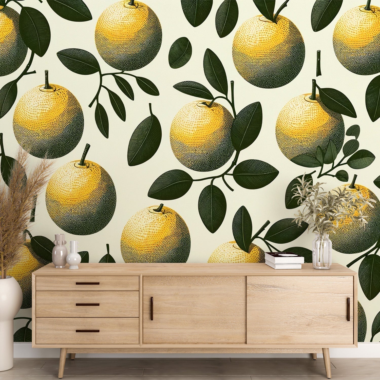 Bright kitchen with Vintage Botanical Orange Wallpaper creating a fresh Mediterranean breakfast nook