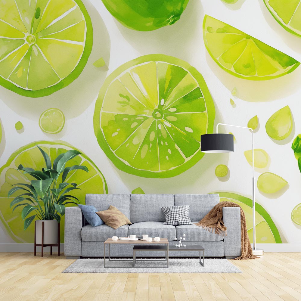 Lime watercolor wallpaper brightening a modern kitchen with white cabinets and natural light