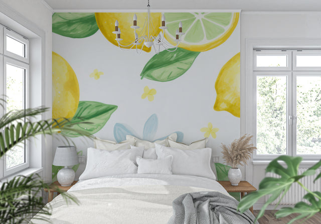 Citrus lemon wallpaper brightening a modern white kitchen with natural light