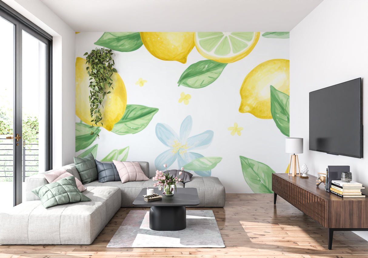 Lemon wall mural creating a fresh atmosphere in a sunny dining room