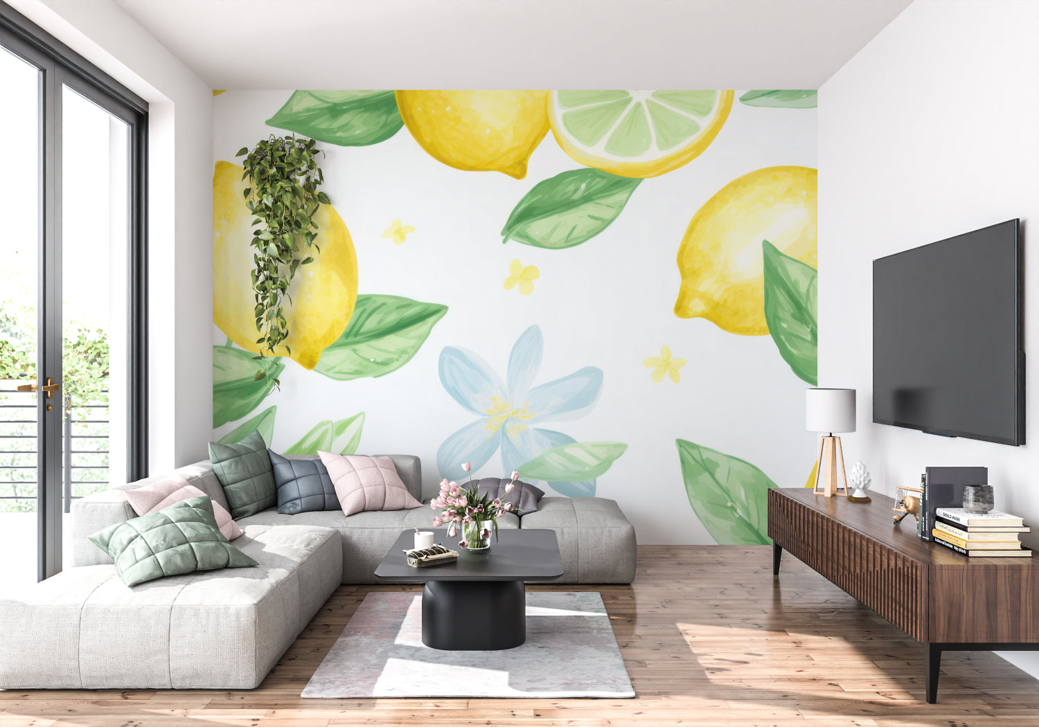Lemon wall mural creating a fresh atmosphere in a sunny dining room