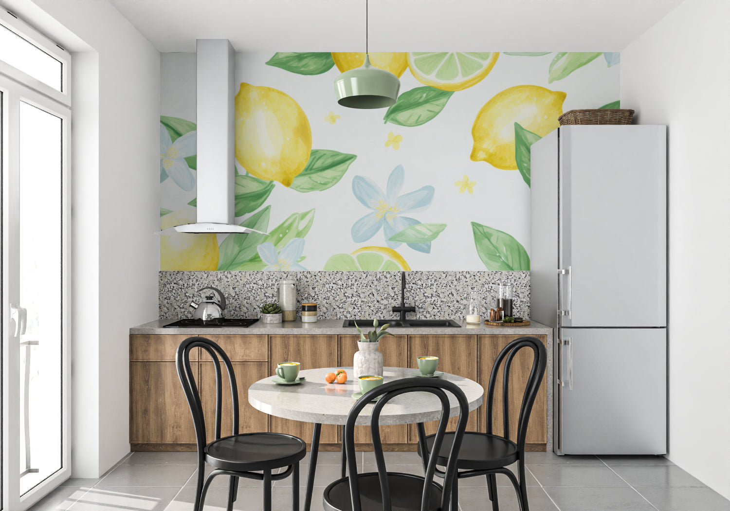 Lemon mural wallpaper transforming a hallway with fresh yellow tones