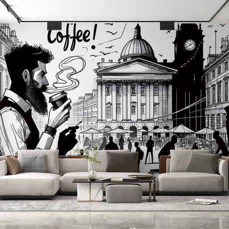 London cafe wall mural styled in modern dining room showing black and white urban sketch design creating depth
