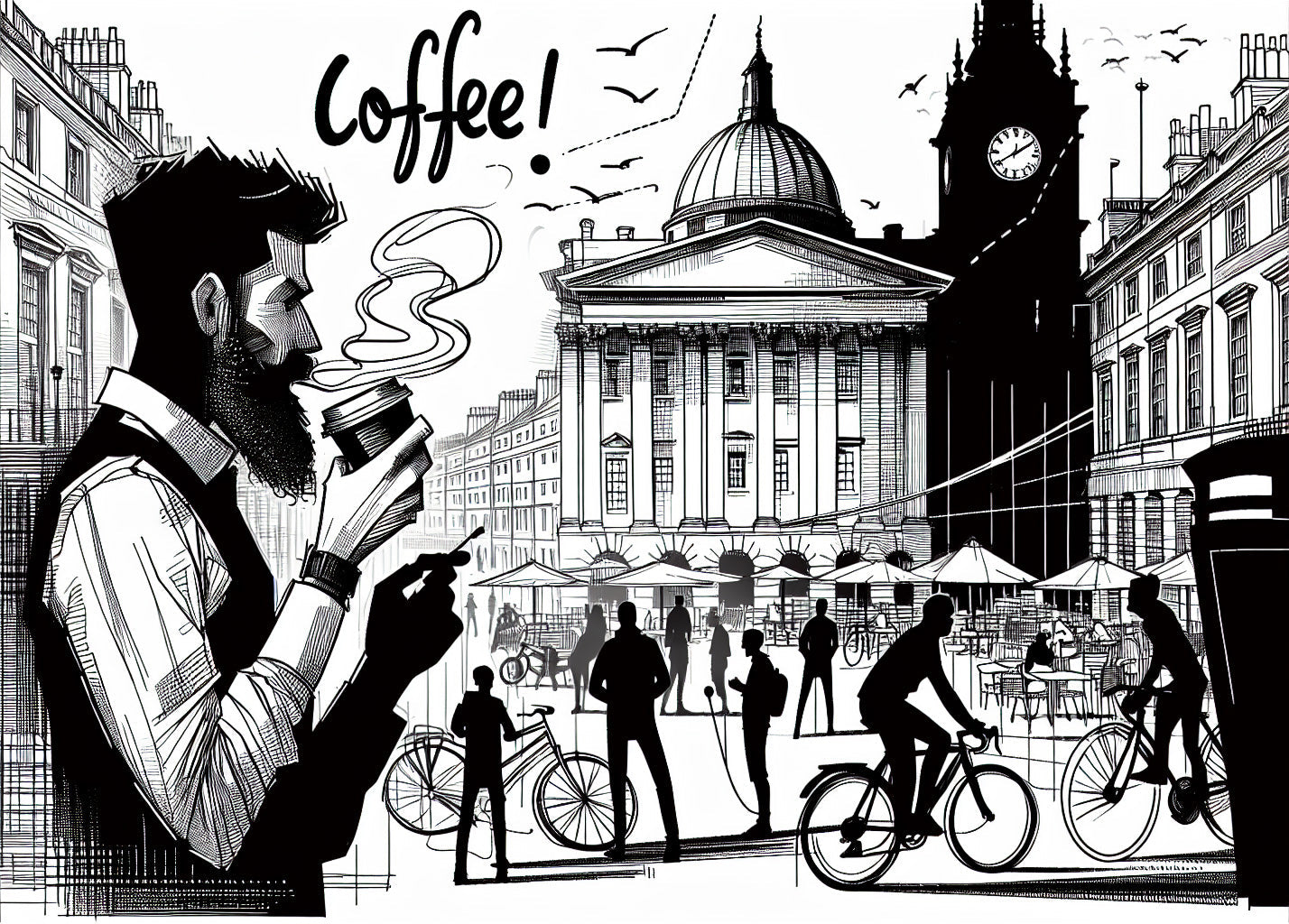 Black and white London coffee scene design file showing detailed urban sketch pattern and architectural elements