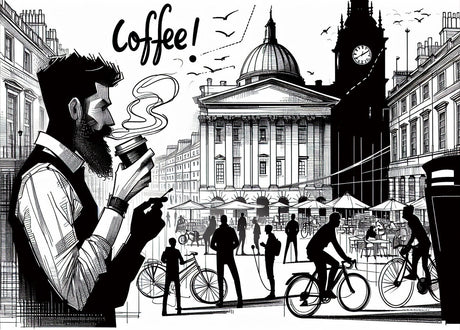 Black and white London coffee scene design file showing detailed urban sketch pattern and architectural elements