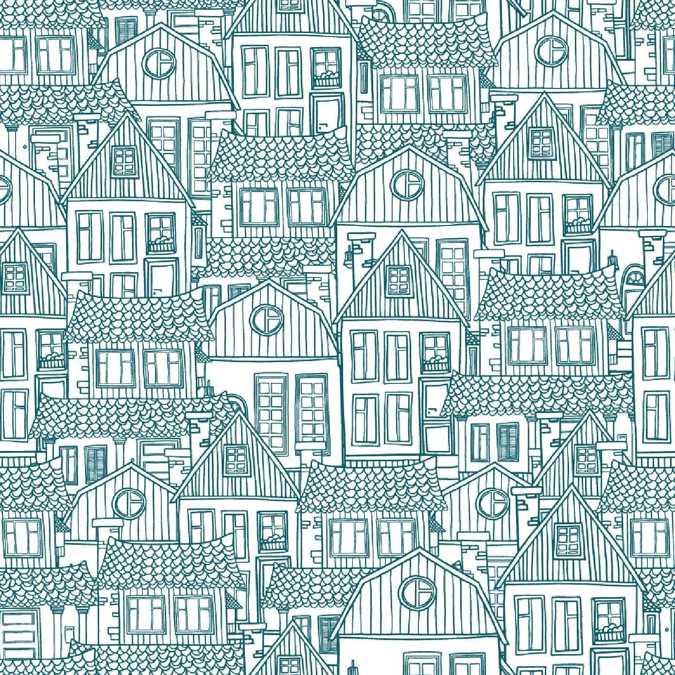 Design file of blue architectural line art pattern showing detailed building sketches
