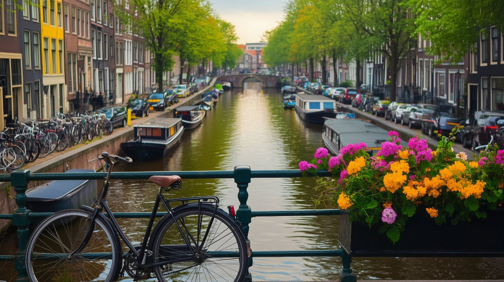 Amsterdam canal scene design file showing detailed canal houses, flowers, and water reflections