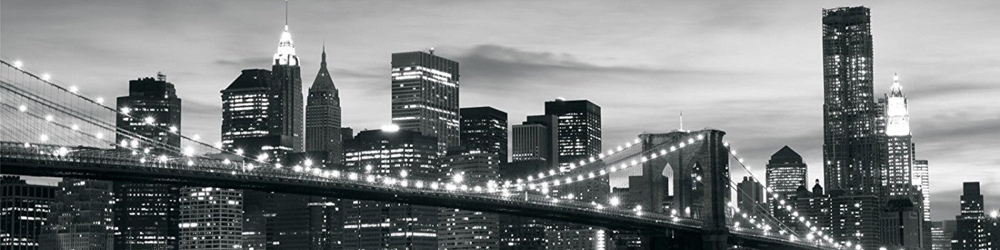 Black and white New York skyline design file showing detailed Manhattan architecture and bridge elements
