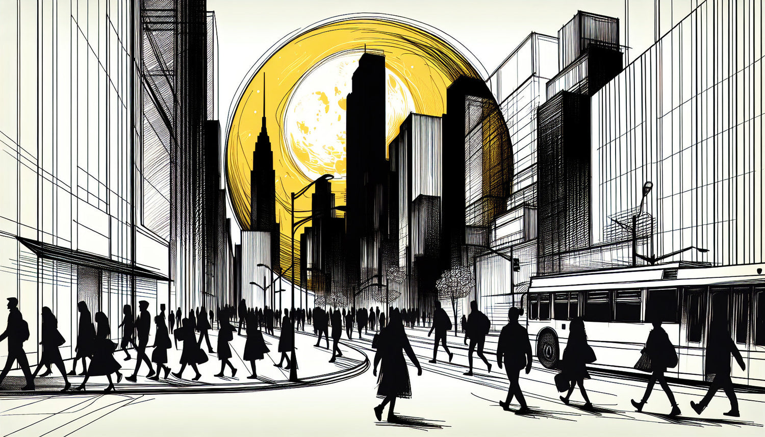 Black and white urban skyline wallpaper design file with golden moon accent