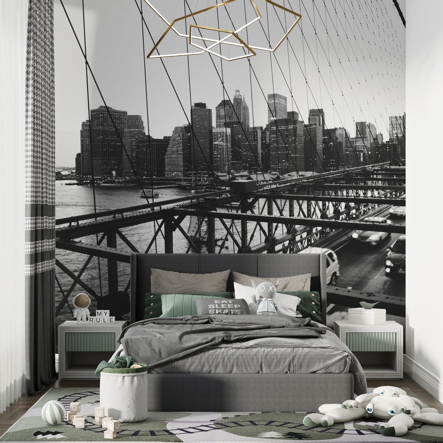 NYC bridge wallpaper creating focal point in modern bedroom setting