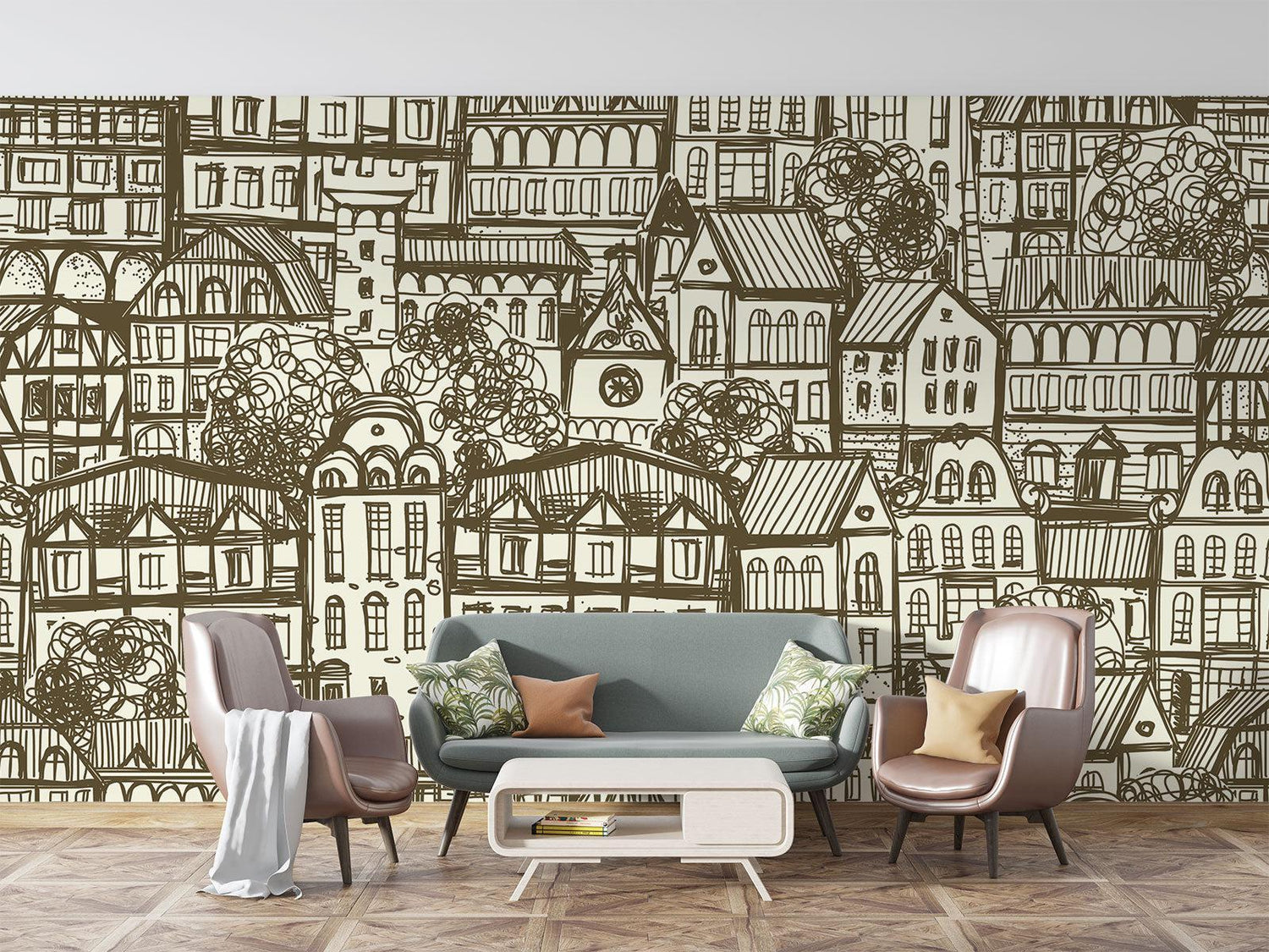 Urban sketch wallpaper mural in modern minimalist living room showing architectural details and brown-cream tones
