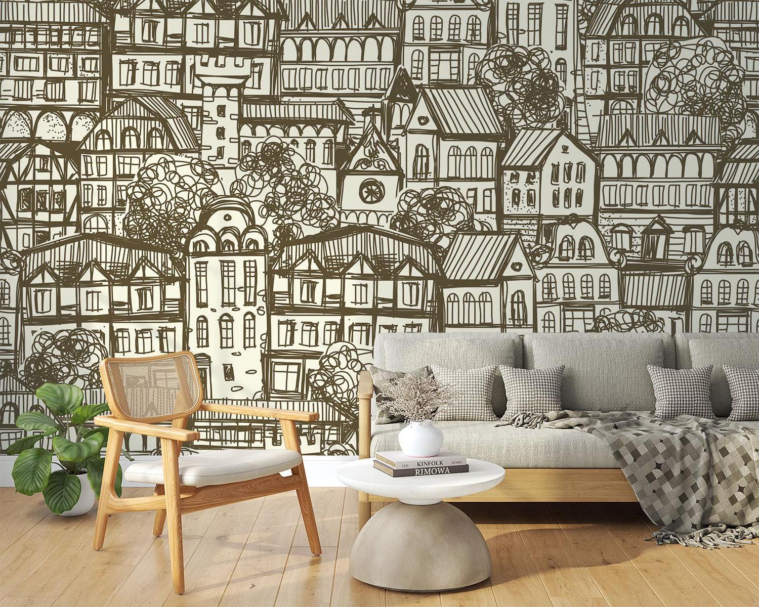 Victorian-inspired cityscape wall mural adding charm to reading nook