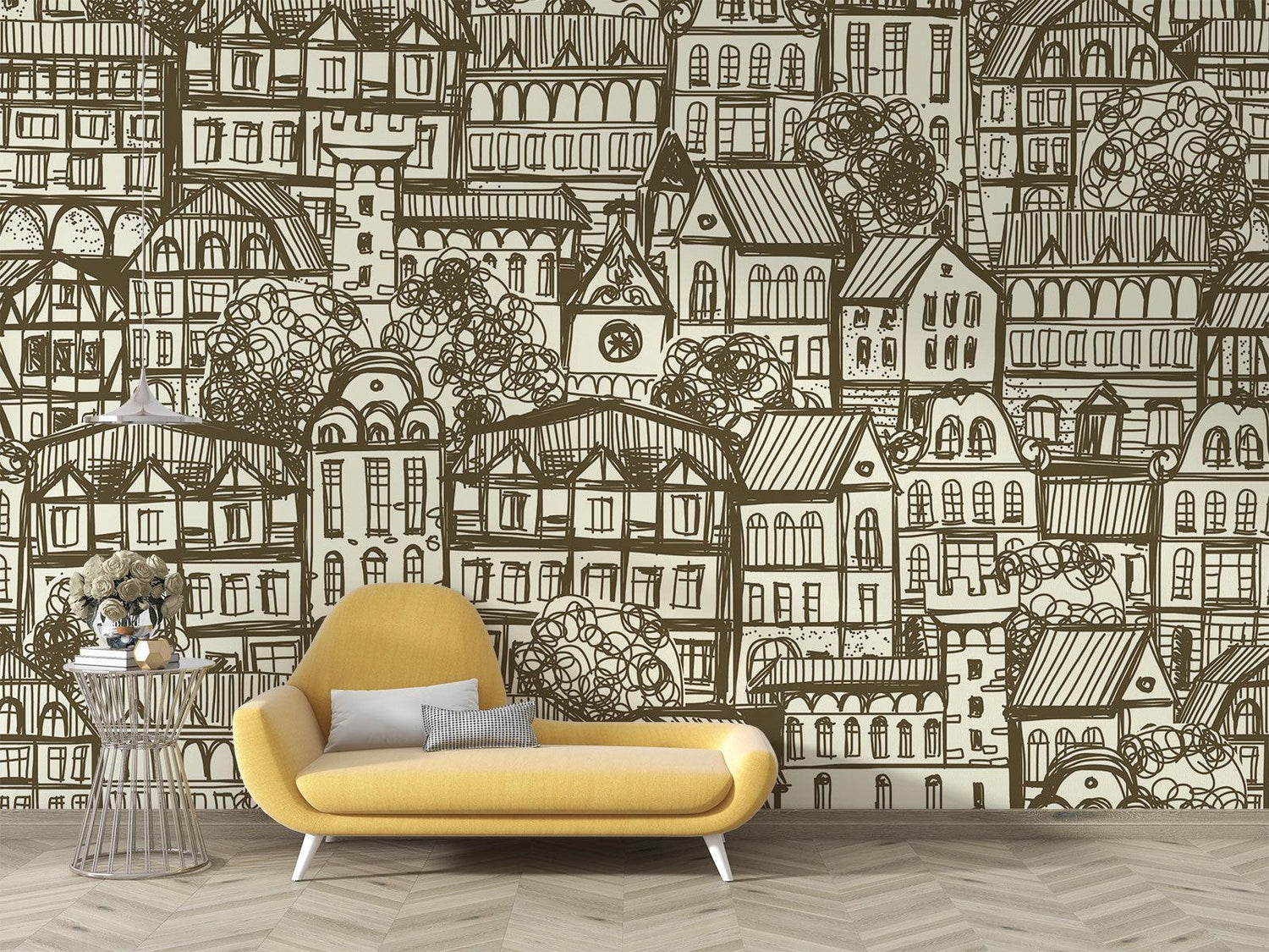 Brown and cream urban sketch pattern creating ambiance in hallway space