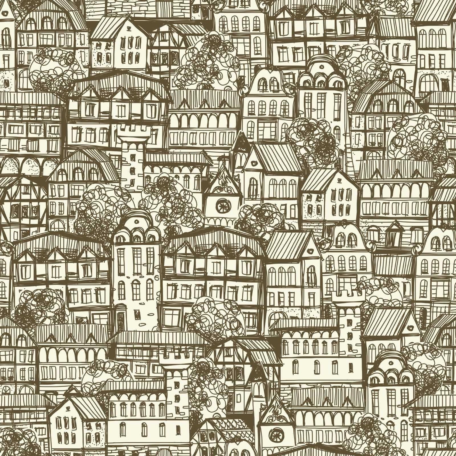 Hand-drawn urban sketch design file showing detailed Victorian buildings and architectural elements