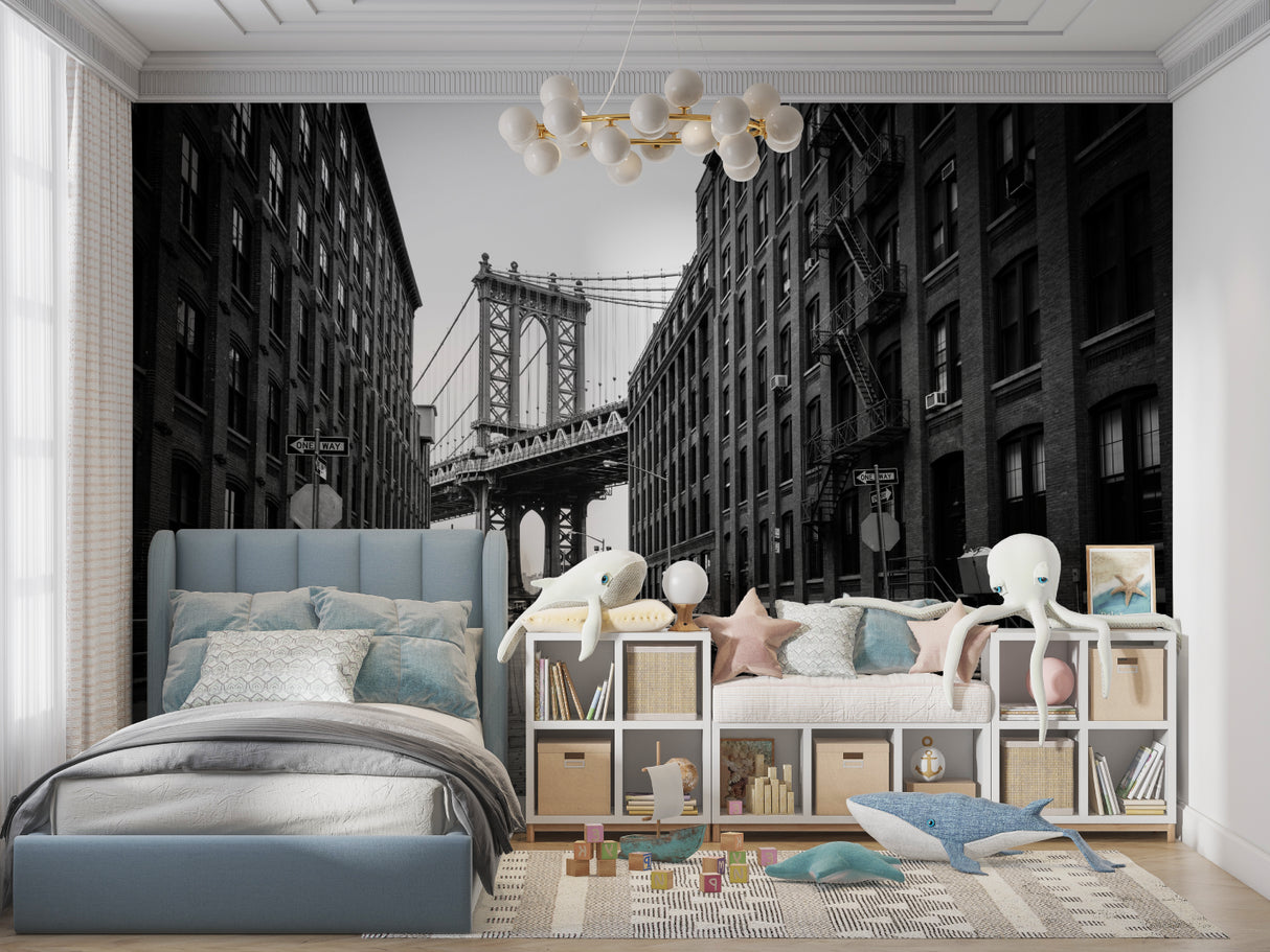 Manhattan Bridge black and white wallpaper in modern minimalist living room with grey sofa