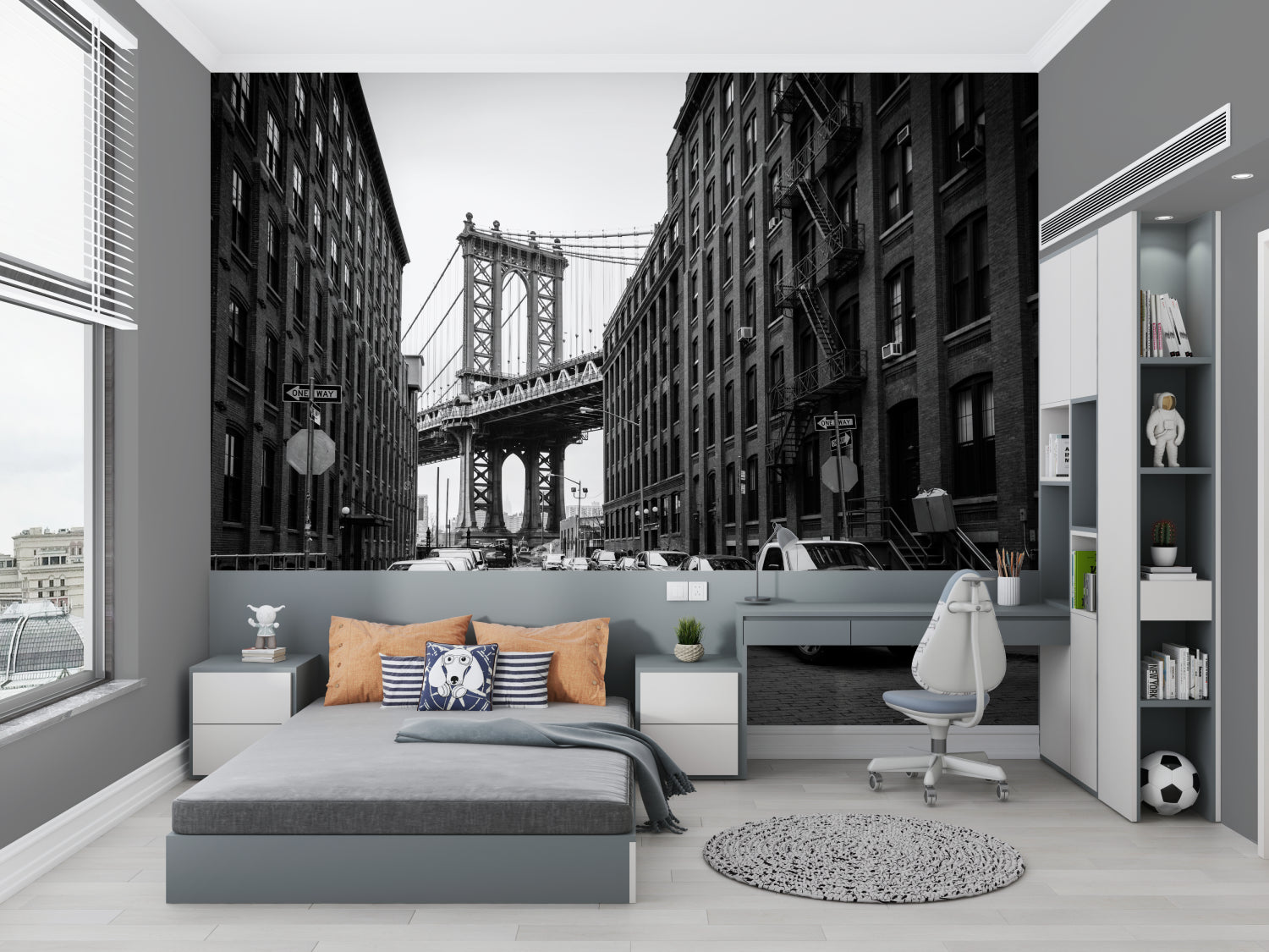 Black and white Manhattan Bridge mural in boutique hotel lobby