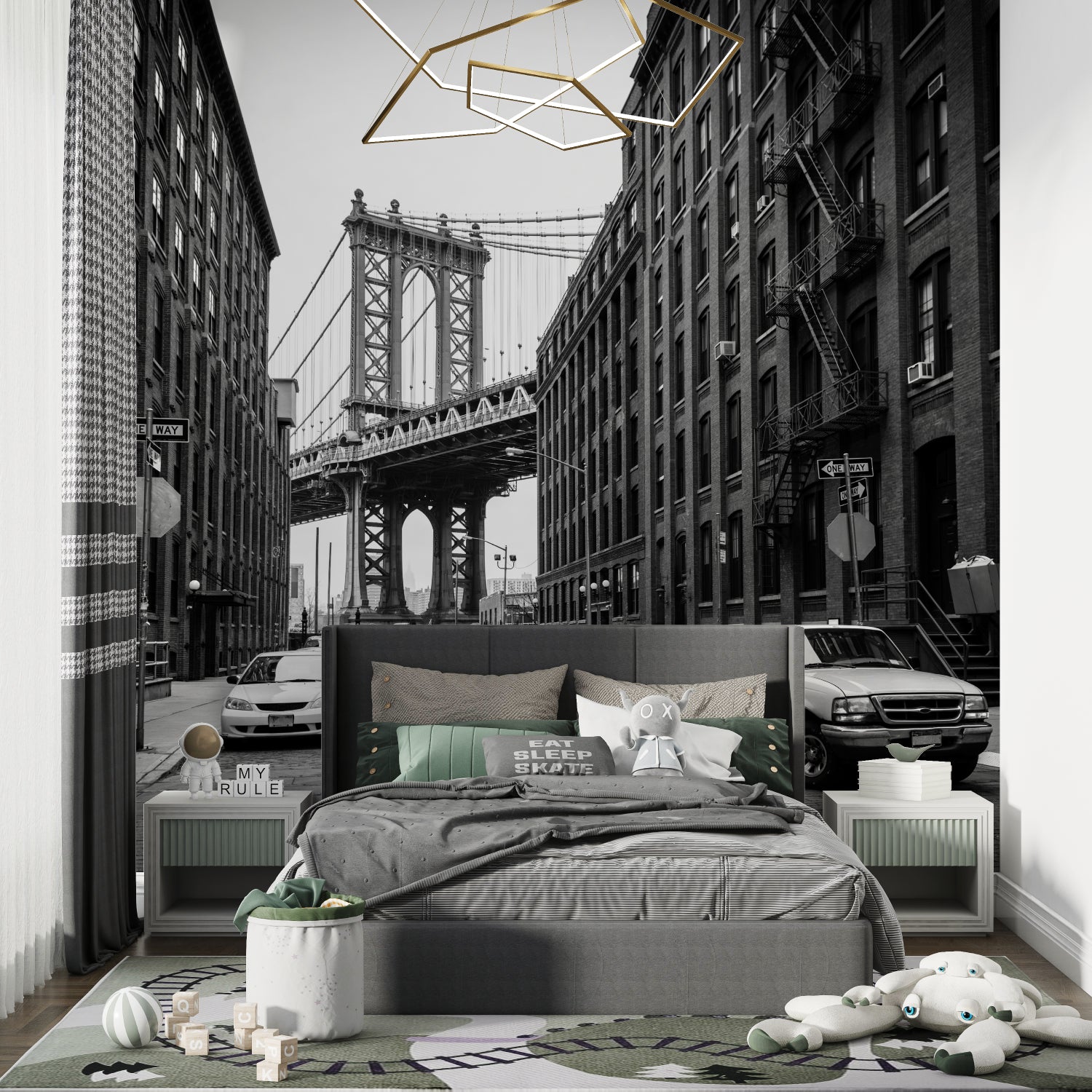Urban landscape mural in stylish restaurant interior with exposed brick