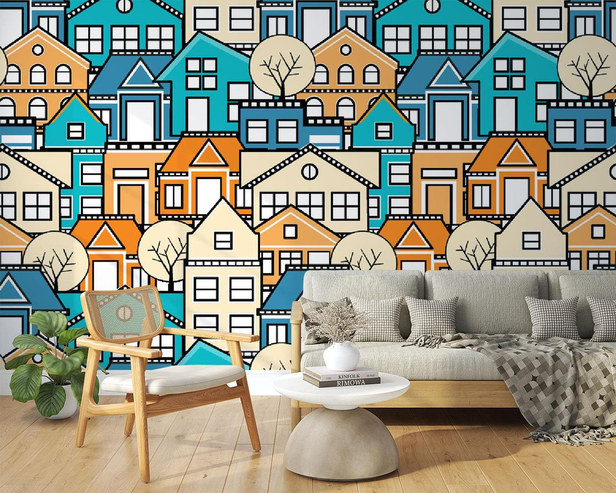 Modern geometric city wallpaper in bright living room with contemporary furniture