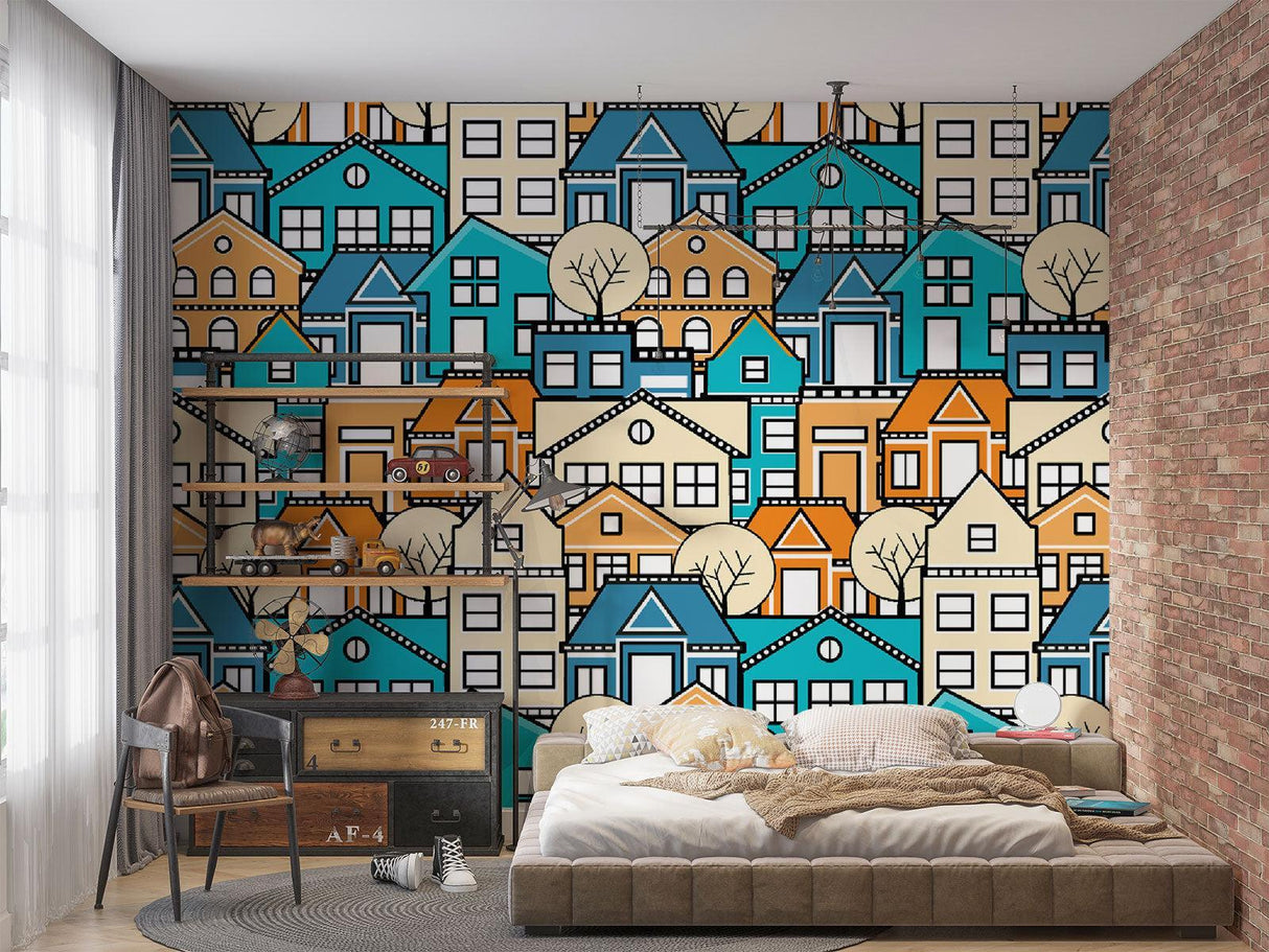 Urban house pattern wallpaper creating depth in minimalist home office