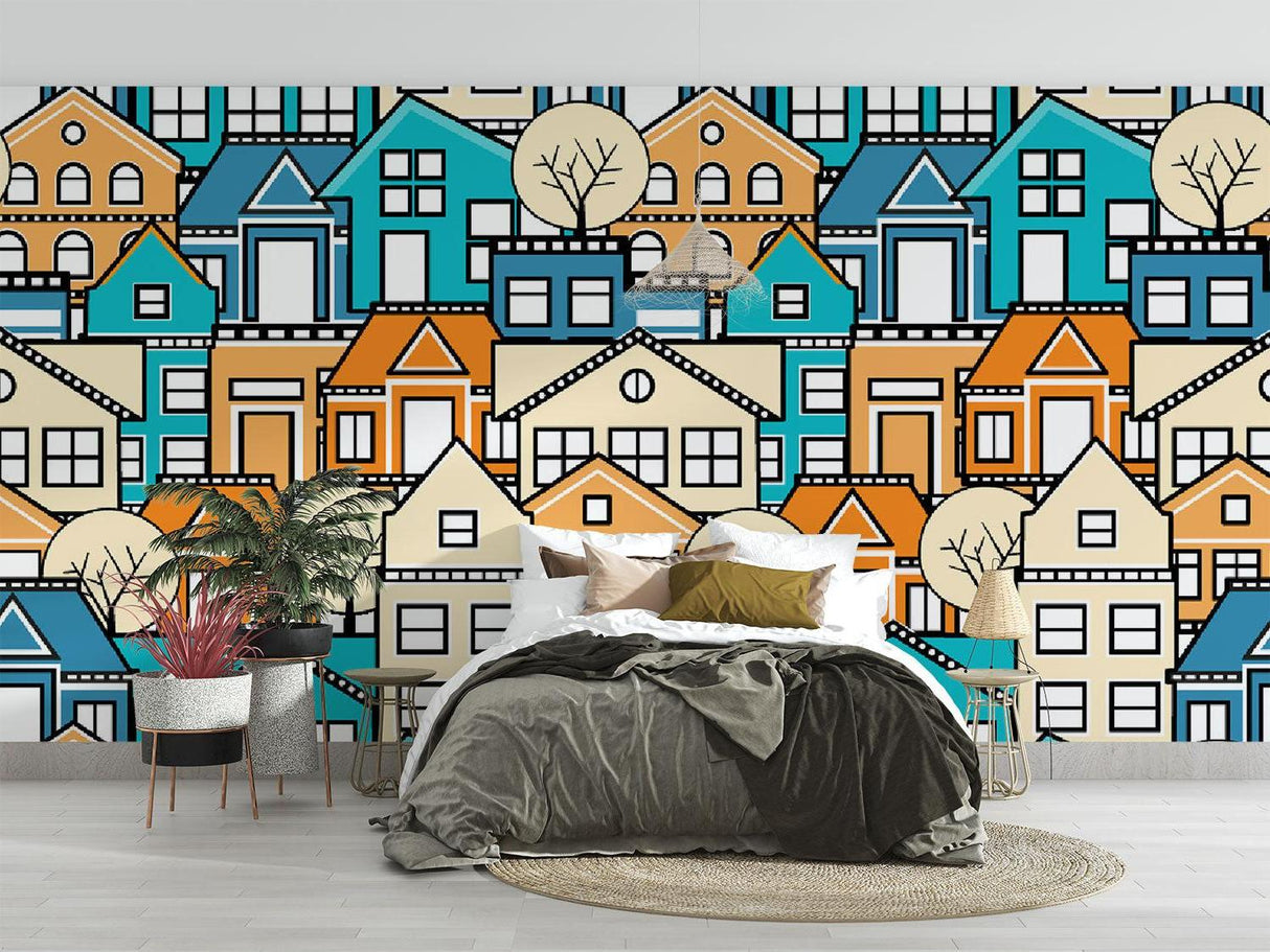 Geometric city wallpaper adding style to modern dining room