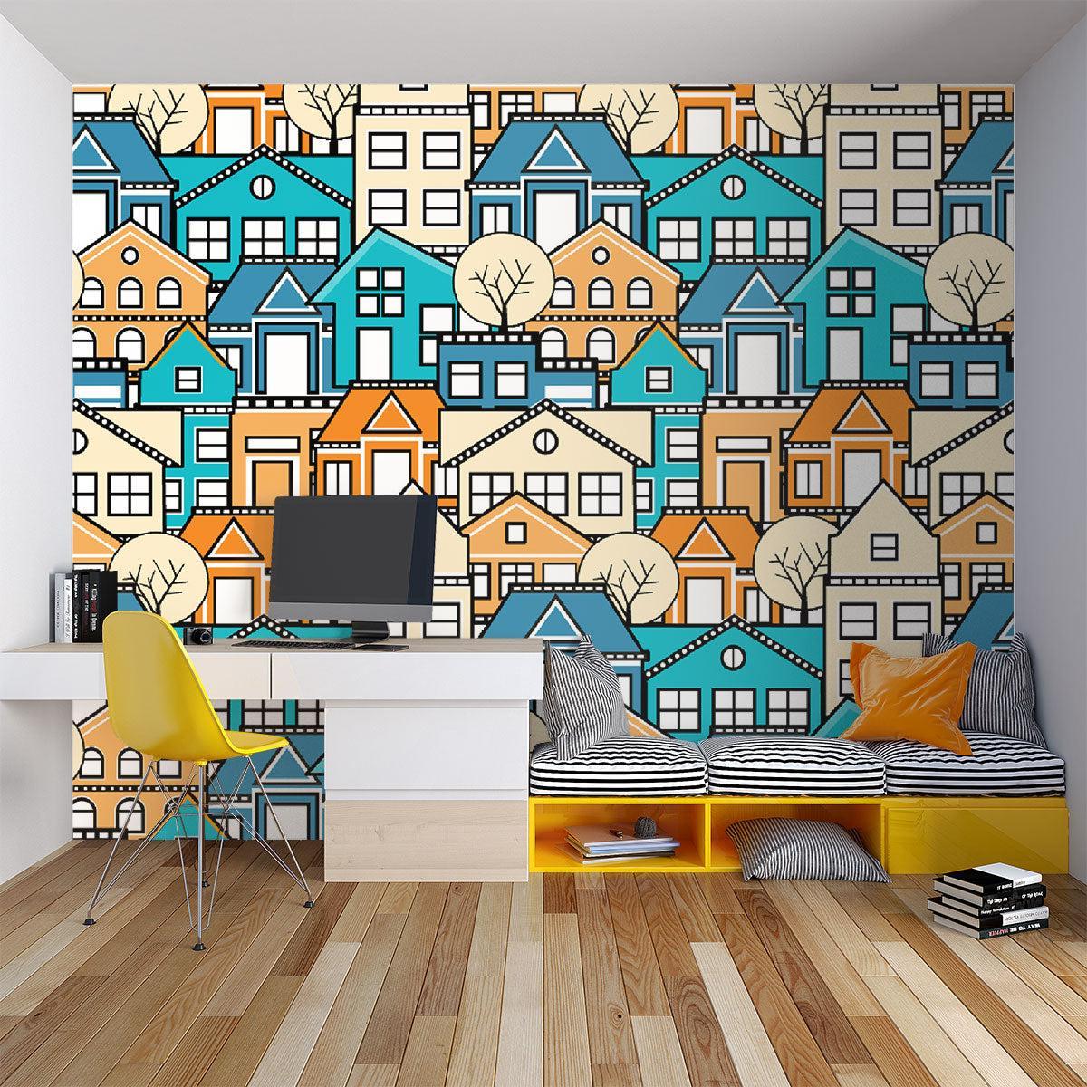 Contemporary house pattern mural in stylish bedroom setting