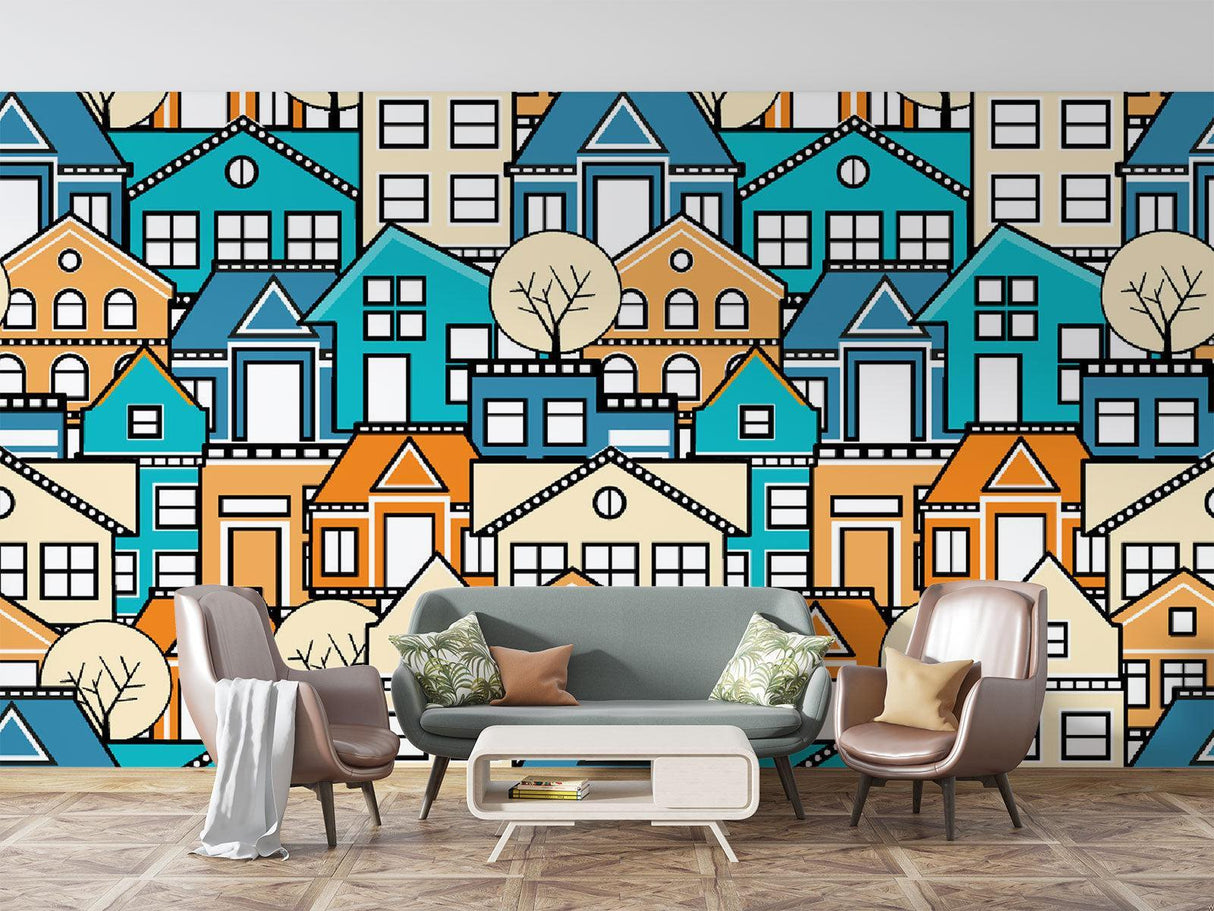 Geometric house design mural in cozy reading nook