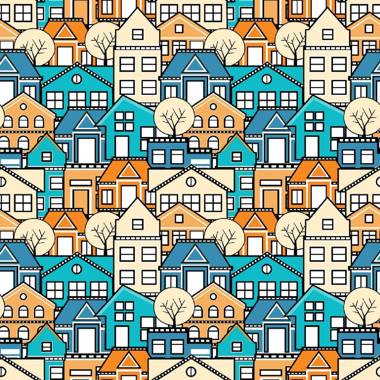 Modern geometric city pattern design file with turquoise and orange urban houses