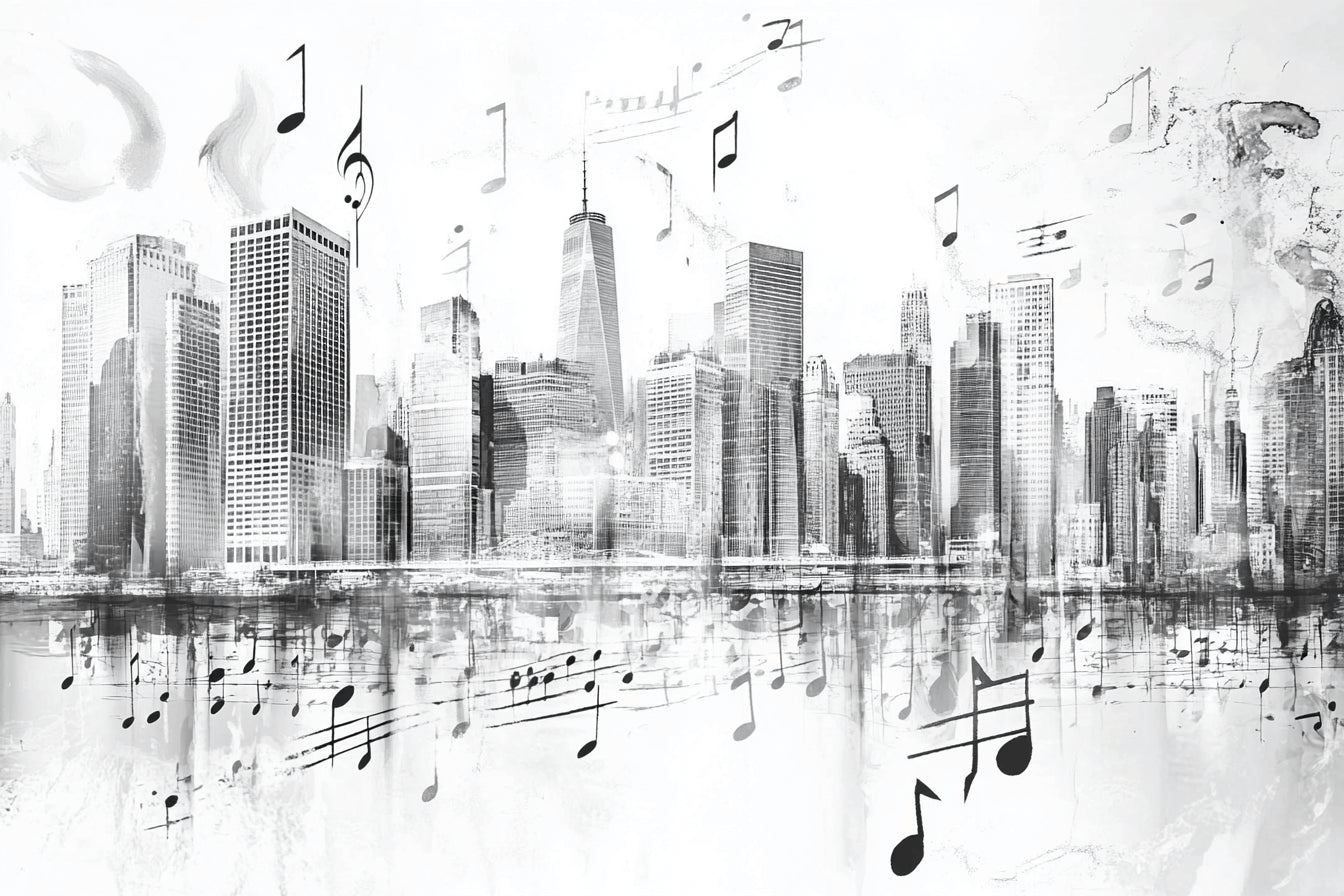 Design file showing detailed musical notes and city skyline pattern in black and white