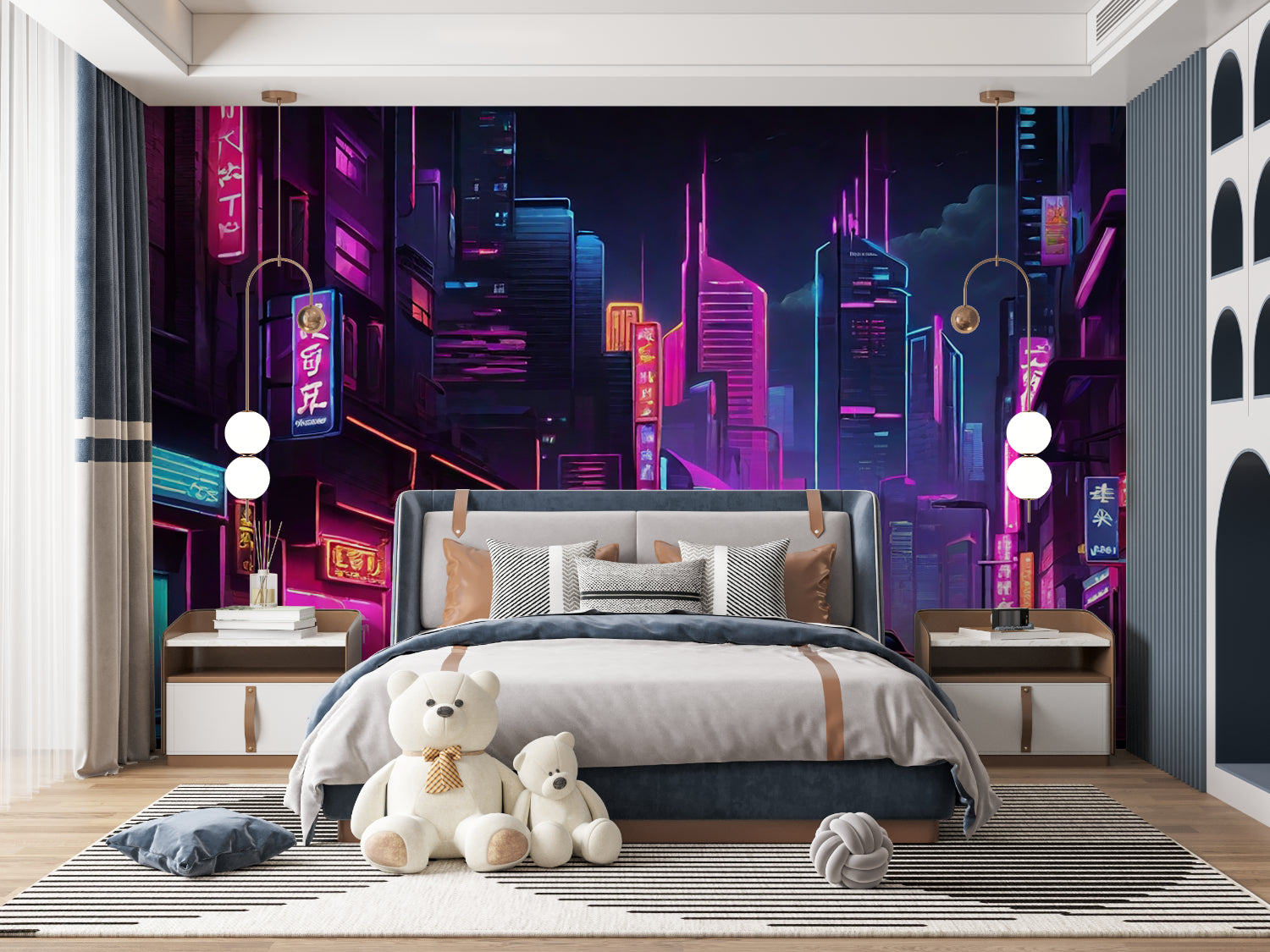 Japanese street mural creating atmosphere in teen bedroom with purple lighting