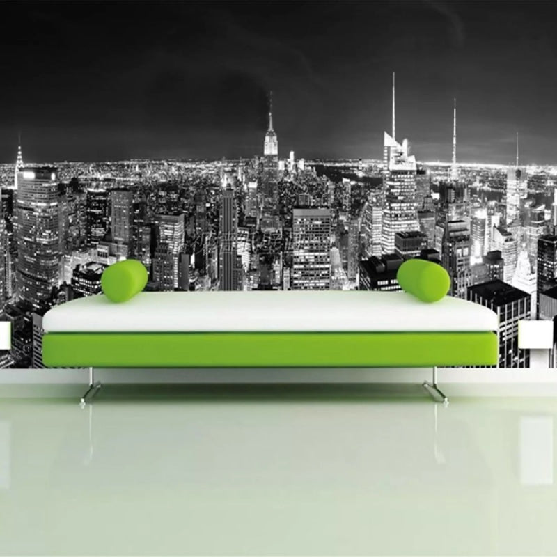 Manhattan skyline wall mural in sleek office space showing dramatic black and white contrast