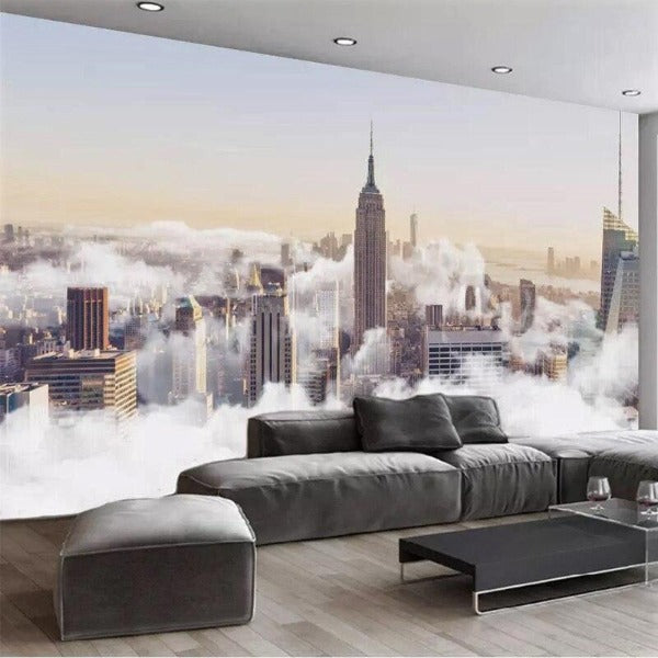 Manhattan mural wallpaper bringing urban sophistication to an executive office space with morning light