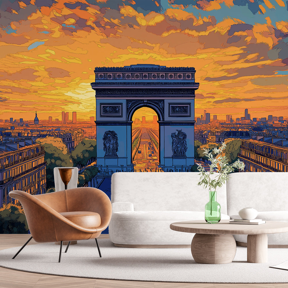 Paris Arc de Triomphe wallpaper mural styled in a modern living room with soft sunset lighting and minimalist furniture