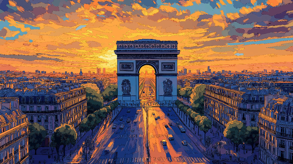Paris Arc de Triomphe design file showing detailed architectural illustration with golden sunset colors