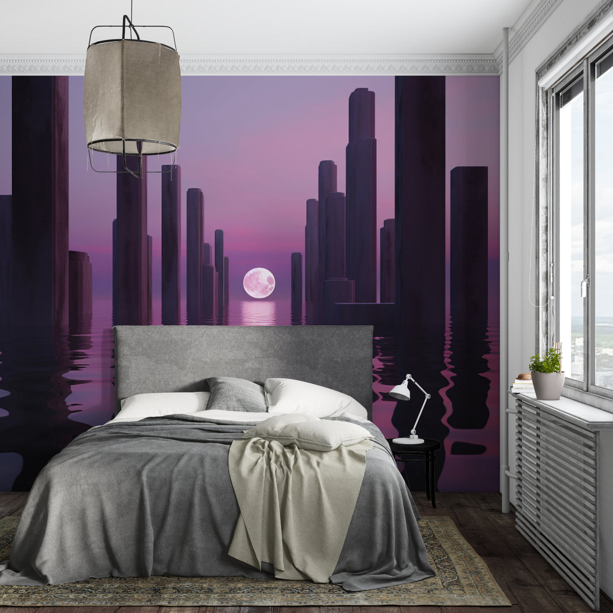 Purple cityscape wallpaper creating depth in modern living room with grey sofa and minimal decor