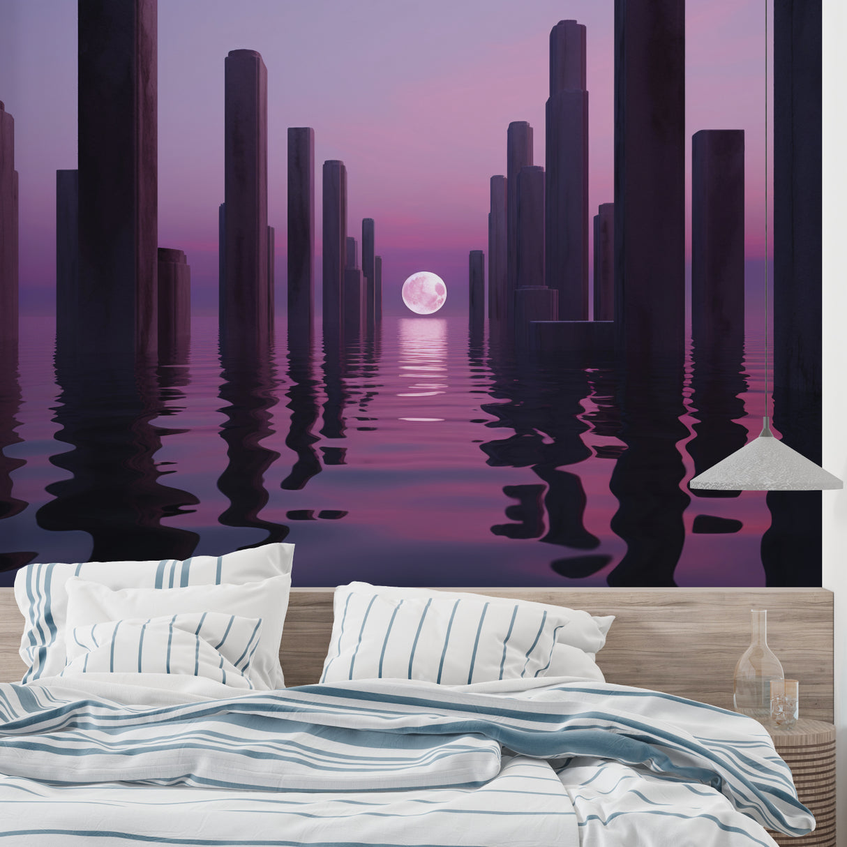 Urban sunset mural wallpaper in cozy bedroom setting with modern furniture