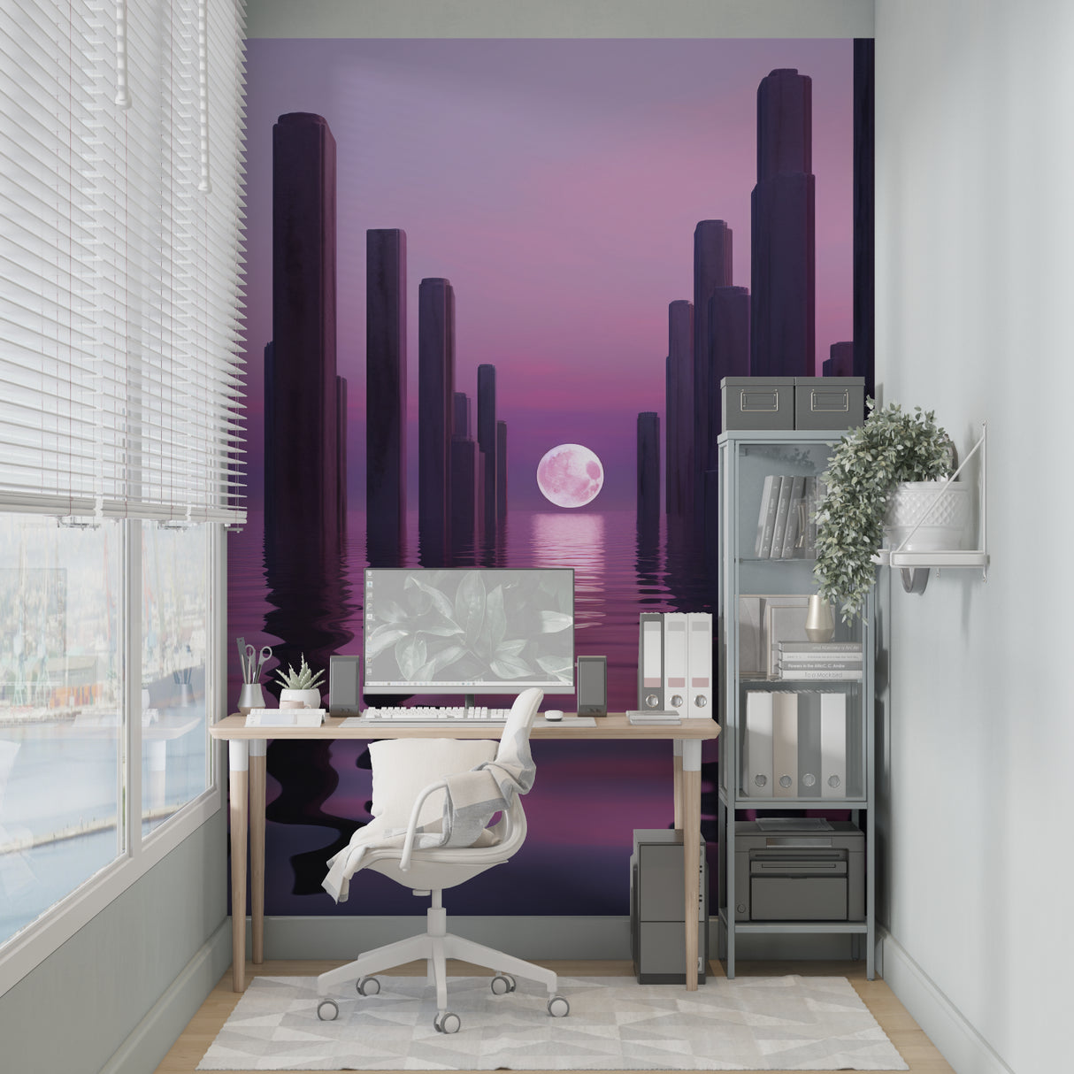 City wallpaper with purple sunset transforming home office space