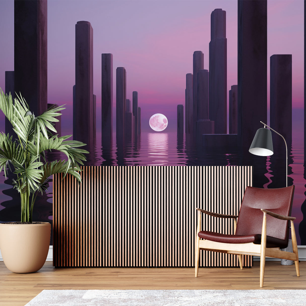 Modern purple cityscape mural in dining room with contemporary lighting
