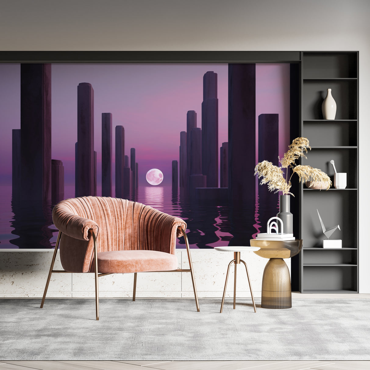 Urban wall mural creating dramatic atmosphere in minimalist hallway