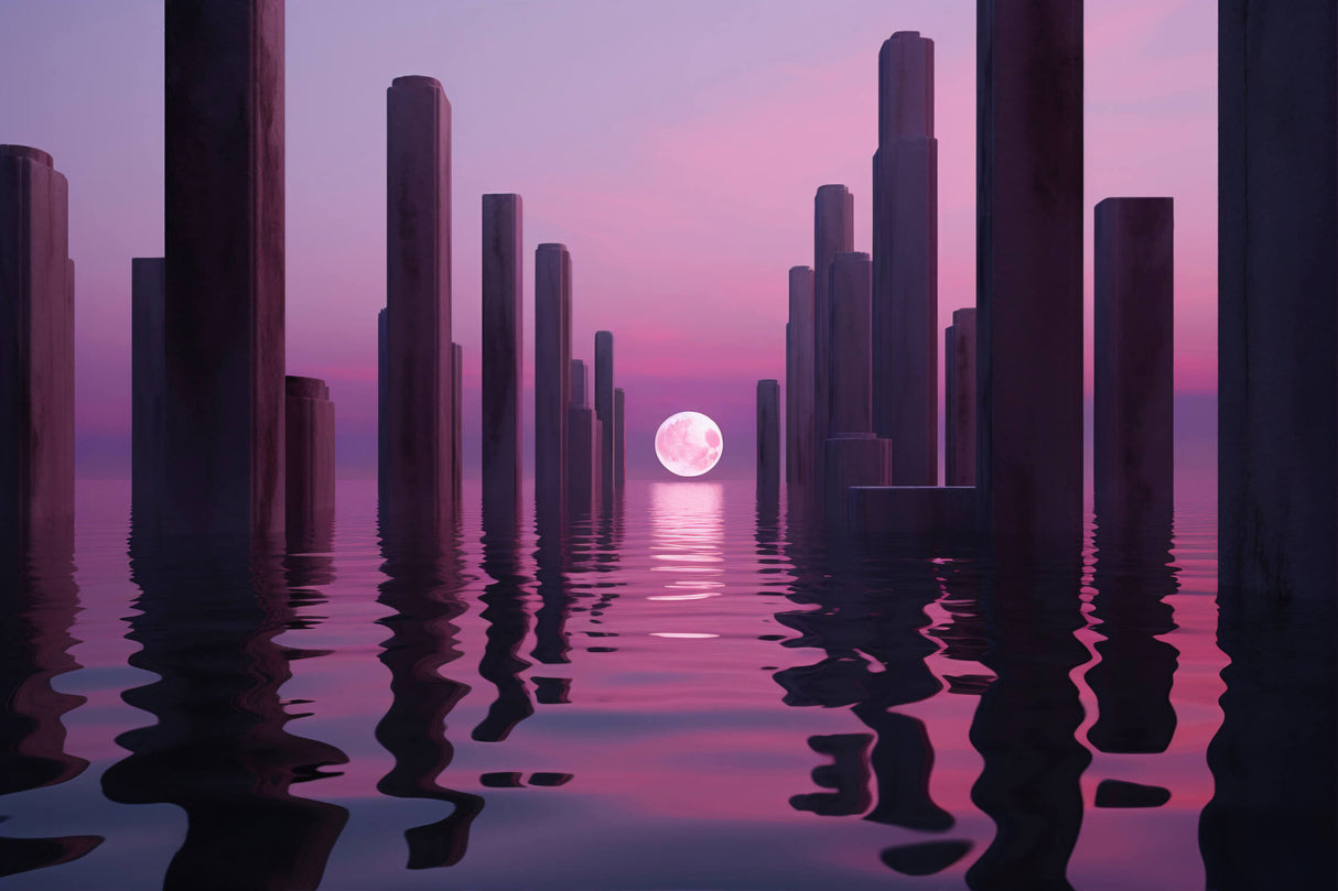 Design file of purple sunset cityscape wallpaper showing full moon and reflective water details