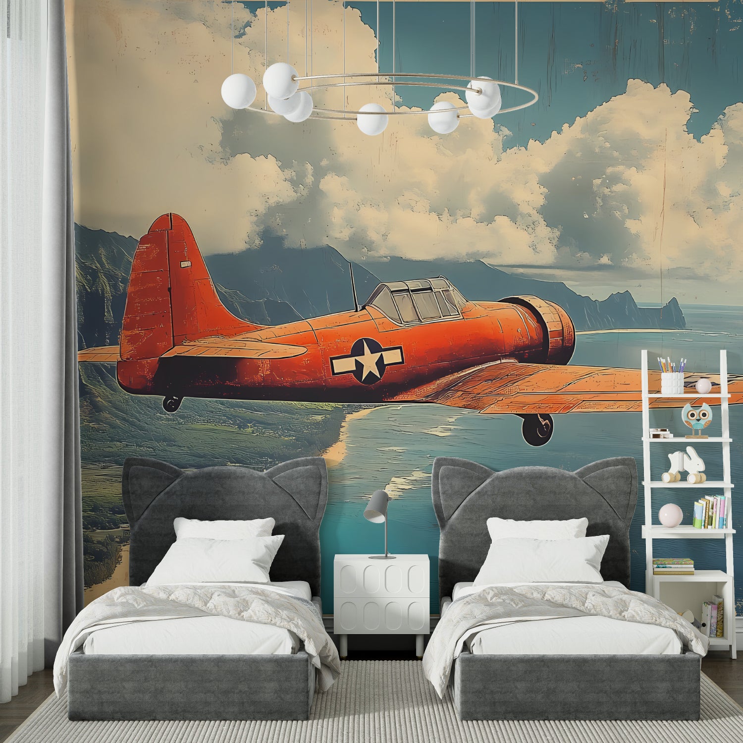 Modern City Skyline Wallpaper showcased in a minimalist living room with pink and yellow sunset tones